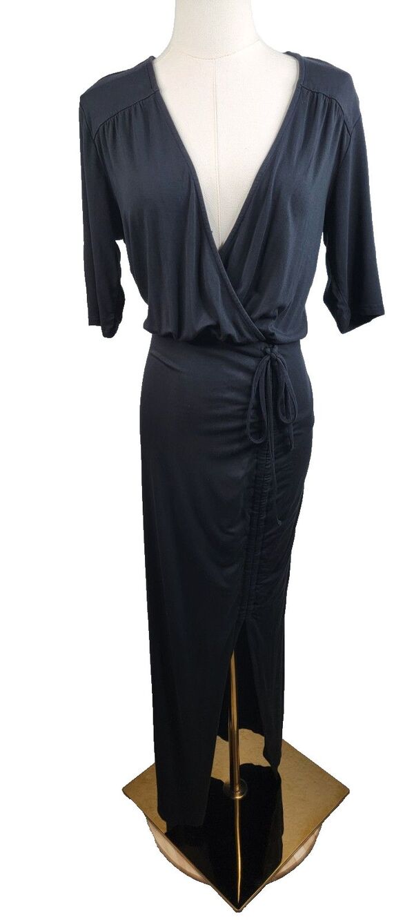 Veronica Beard Mariposa Black Wrap Ruched Detailing V-Neck Midi Dress Size Small